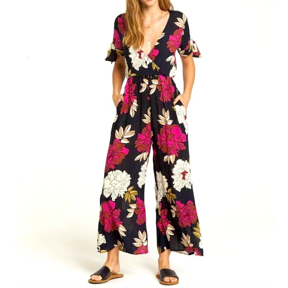 Billabong Black w/ Pink & White Floral Jumpsuit Bow Tie Sleeves Cinched Waist - Picture 1 of 16